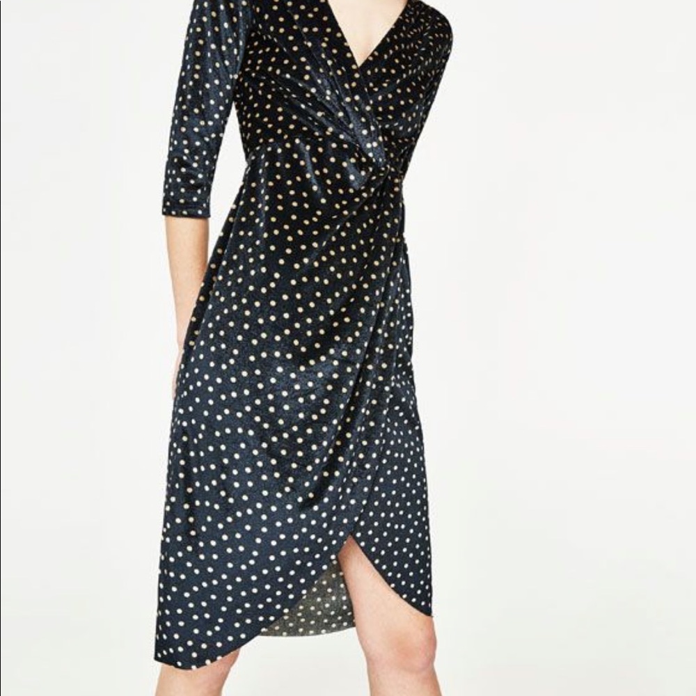 Zara Polka Dots Velvety Crossover V-neck Dress